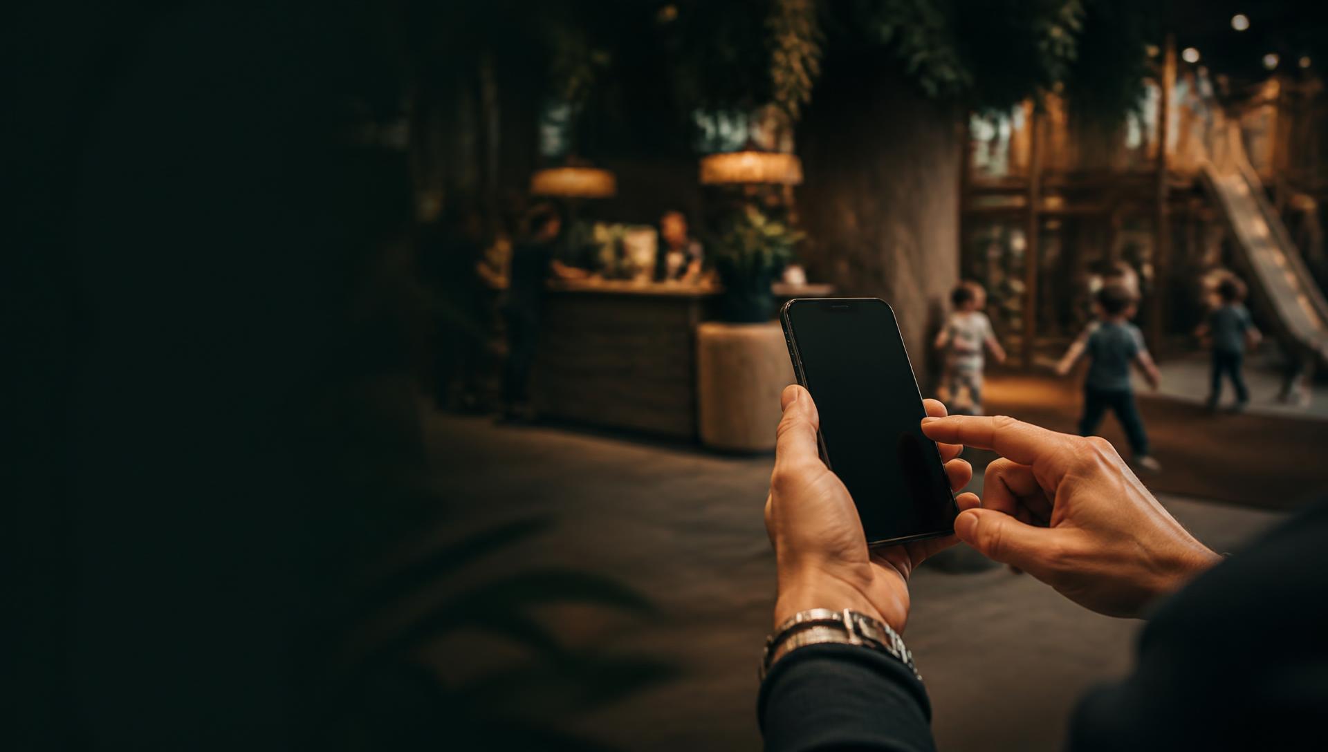 A parent completing a booking on a phone at a family activity venue