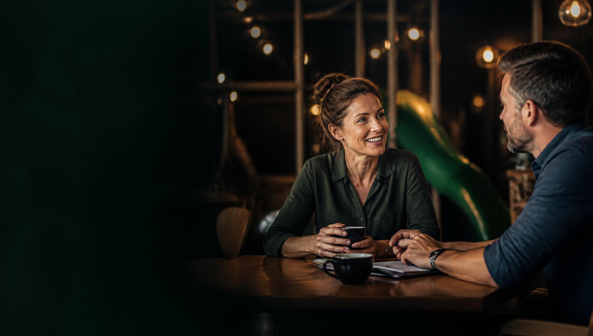 A venue owner and marketing consultant talking over coffee