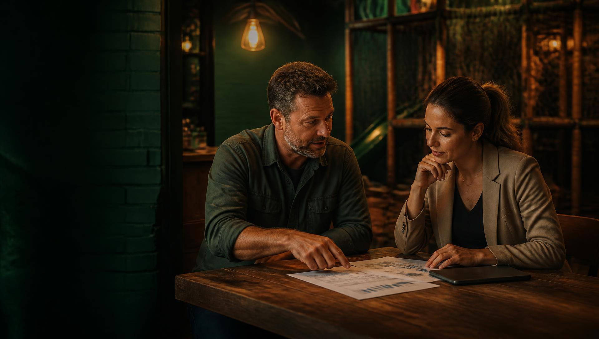 A venue owner and marketing consultant reviewing performance together