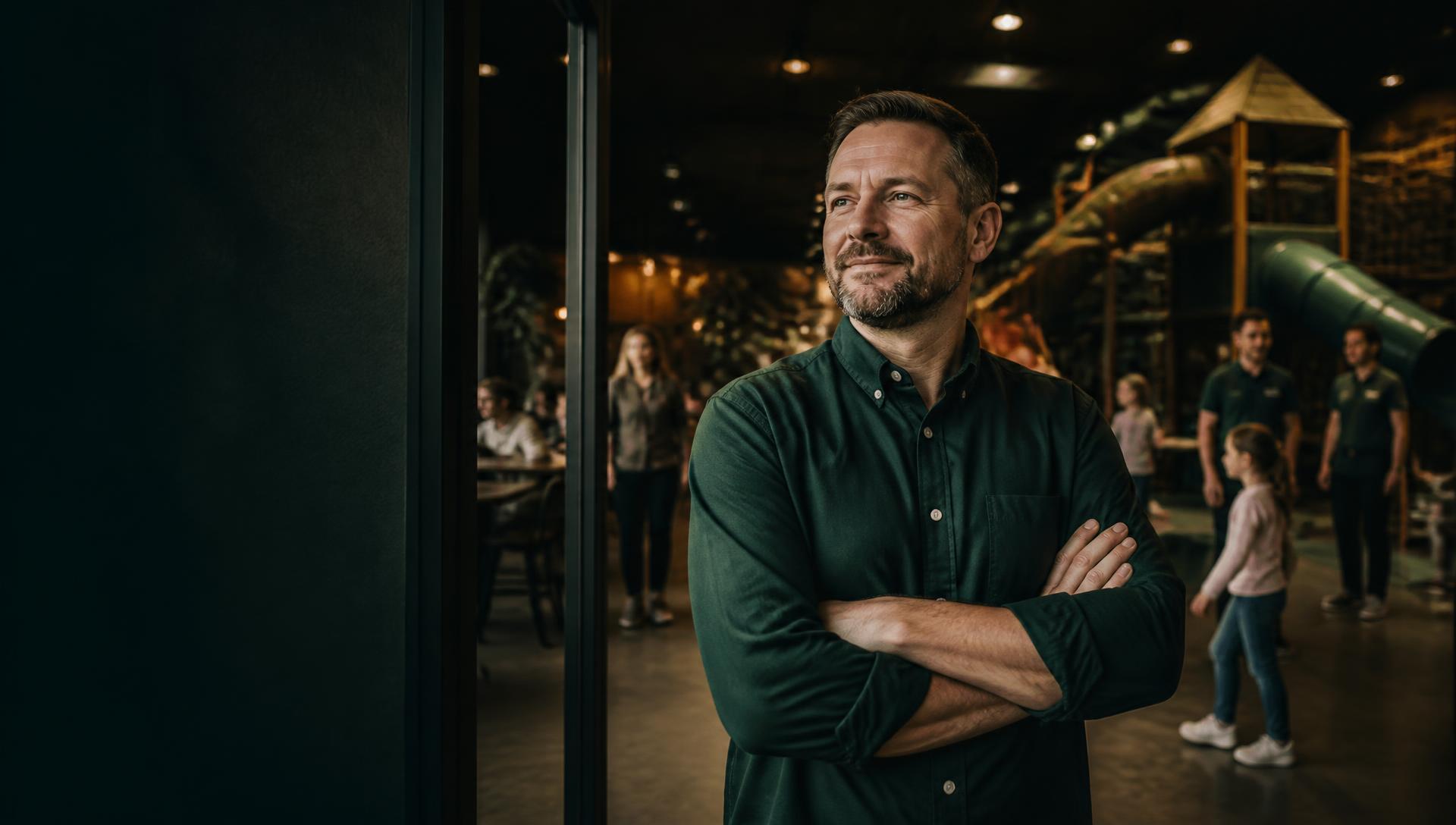 The owner of an Irish family activity venue standing in their venue entrance
