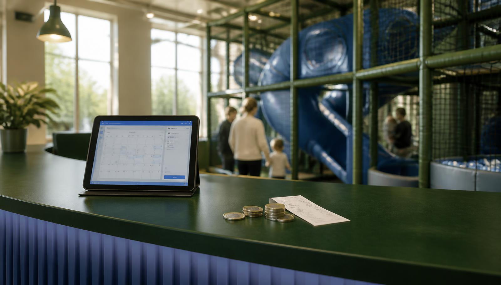 Tablet showing a booking calendar on the reception counter of an Irish soft play centre, with euro coins and a receipt beside it.